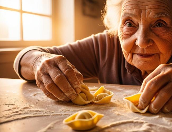 Anziana prepara pasta fatta a mano con cura e dedizione.